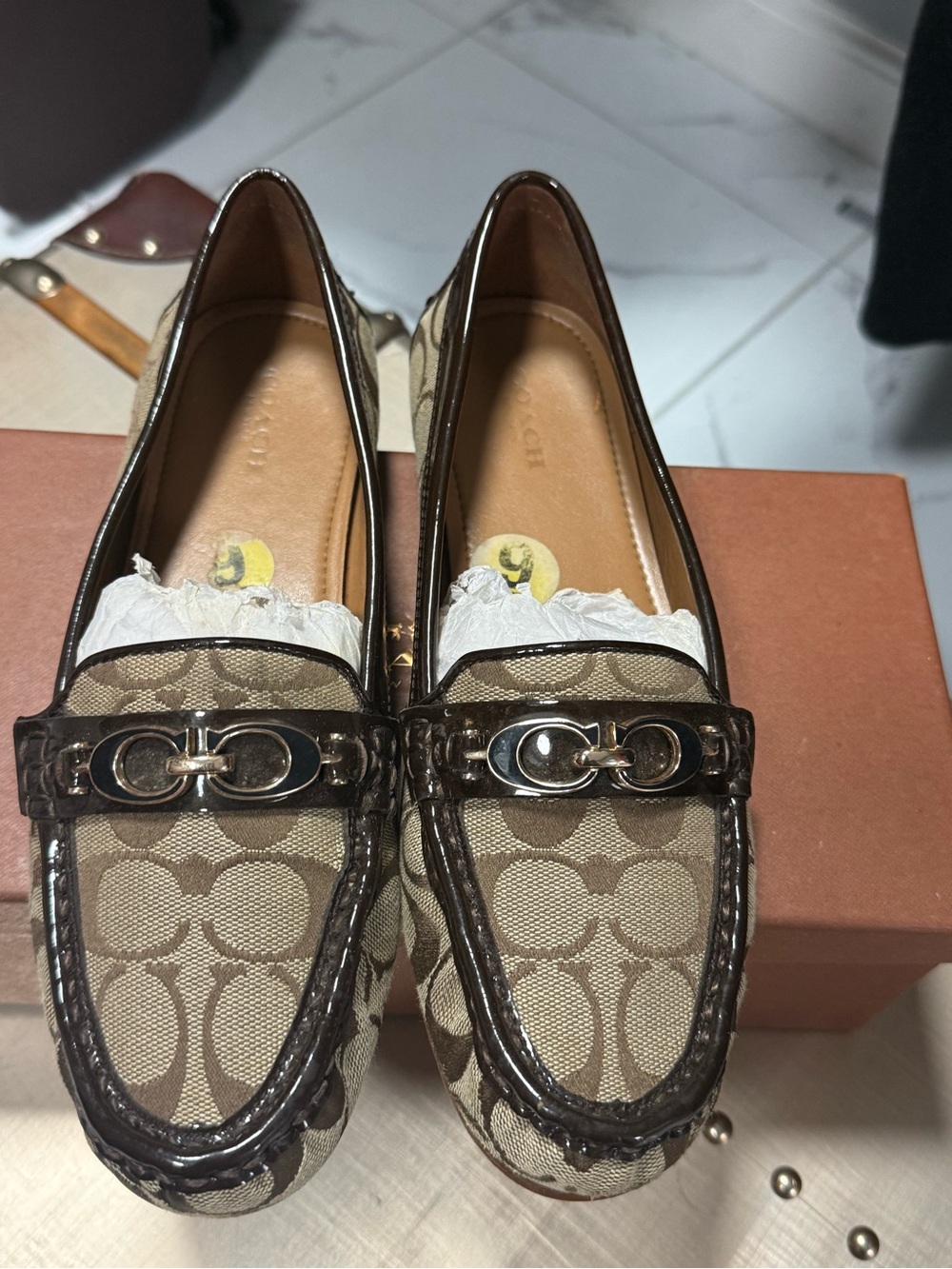 Coach Tan Signature Canvas & Dark Brown Patent Loafers
